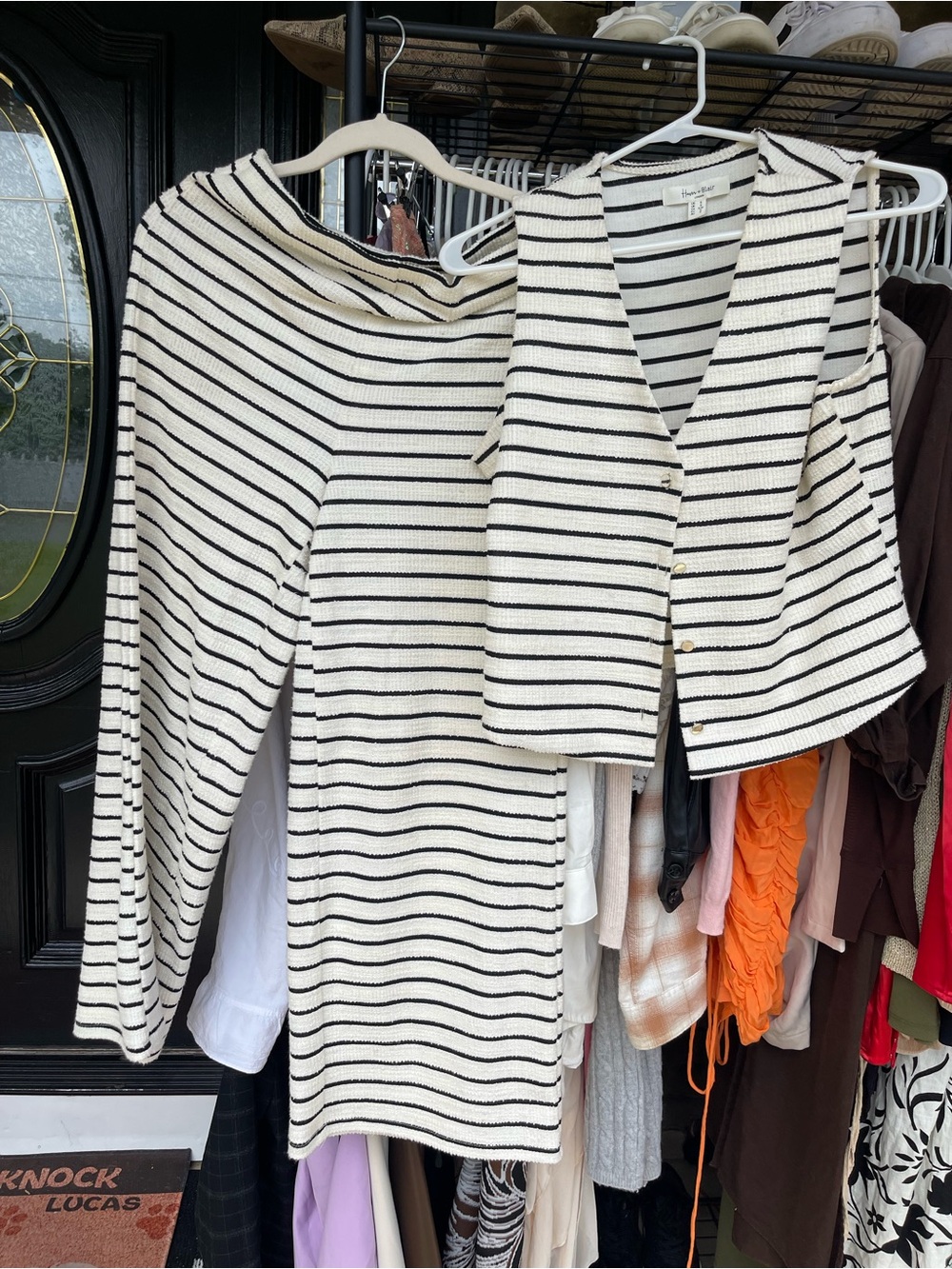 Striped Knit Two-Piece Set — Cream with Black Stripes